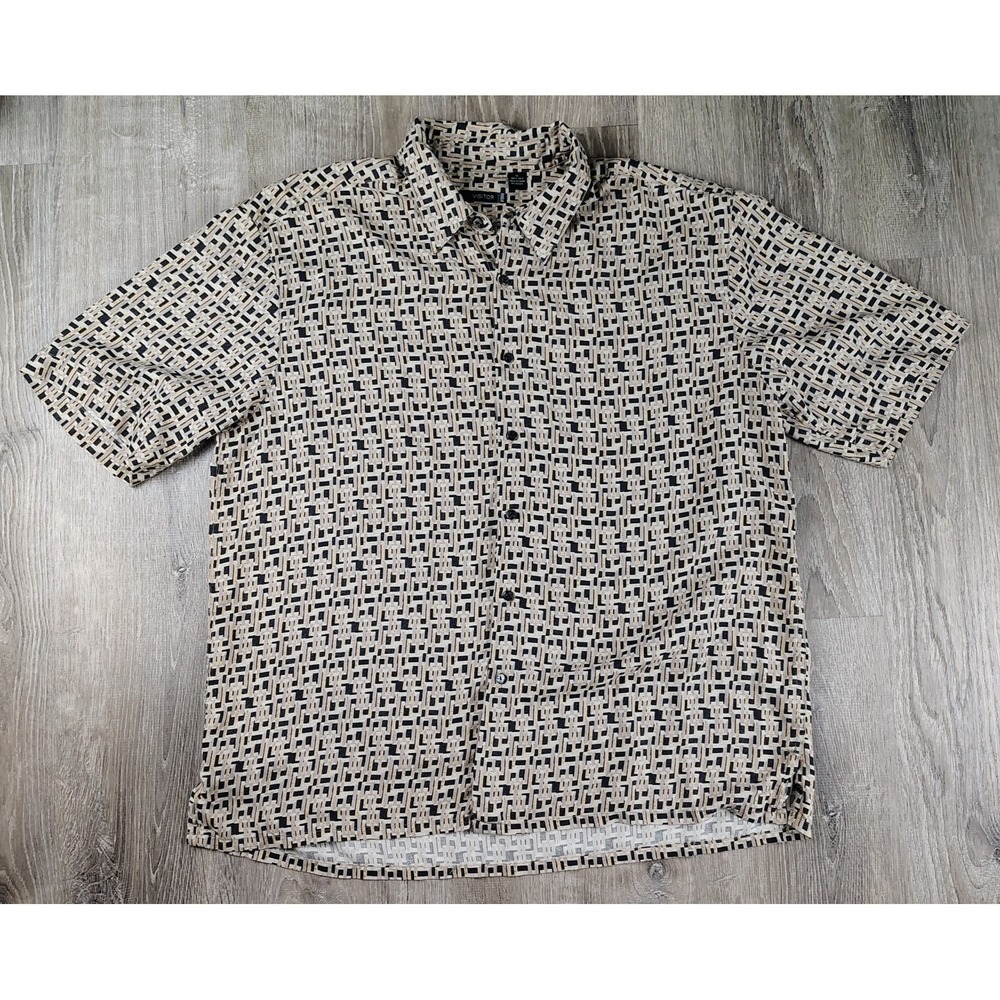 Visitor 100% Silk Shirt Mens XL Brown Geometric Print Short Sleeve Button